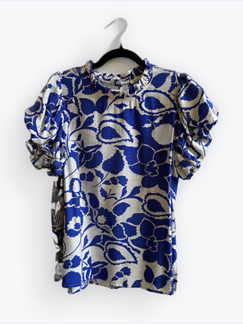 JODIFL Floral Print Top Ruffle Neckline Short Sleeve | Size Large